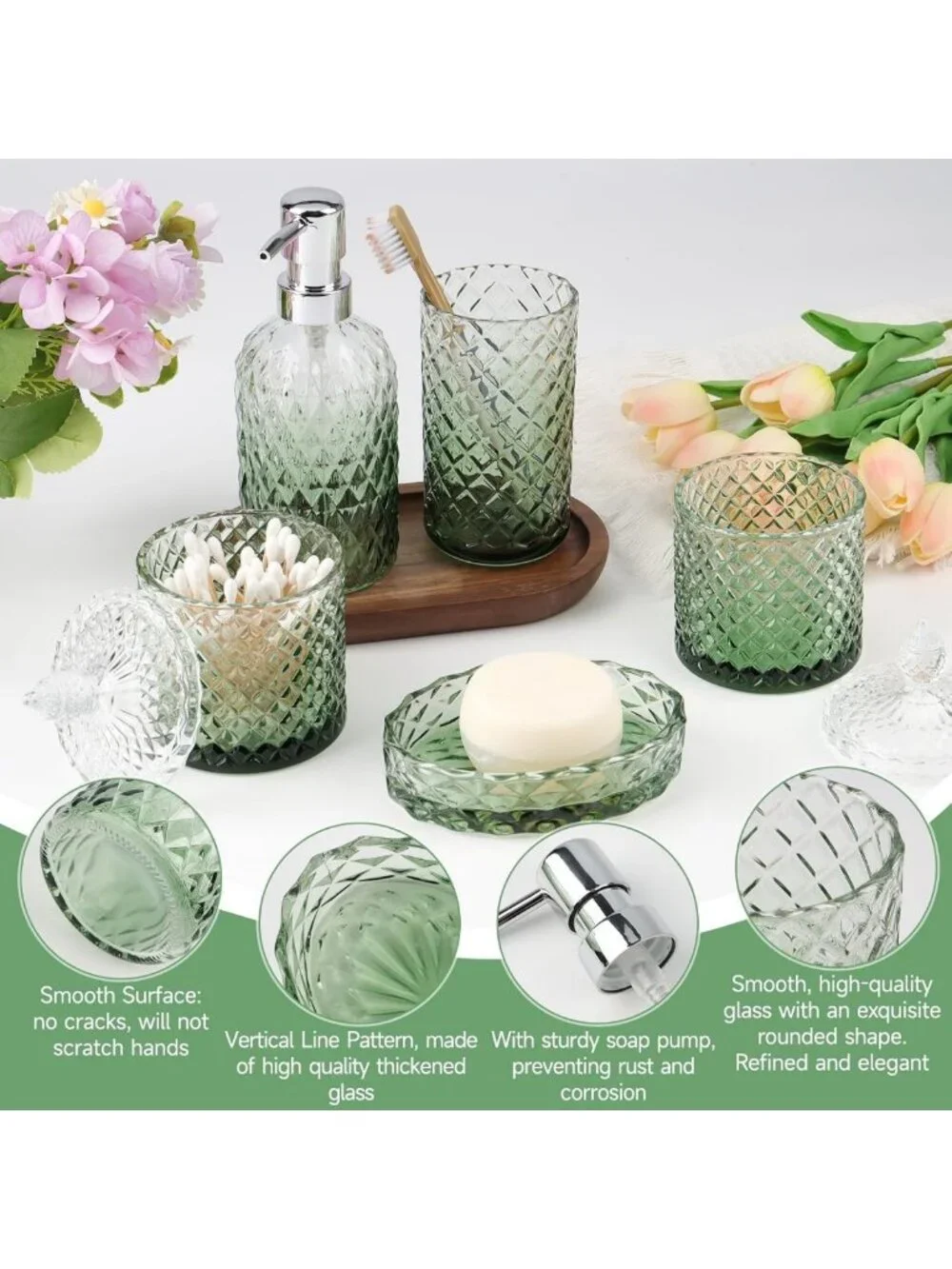 Vintage Green Glass Bathroom Accessories Set - 5-Piece Decorative Home Decor